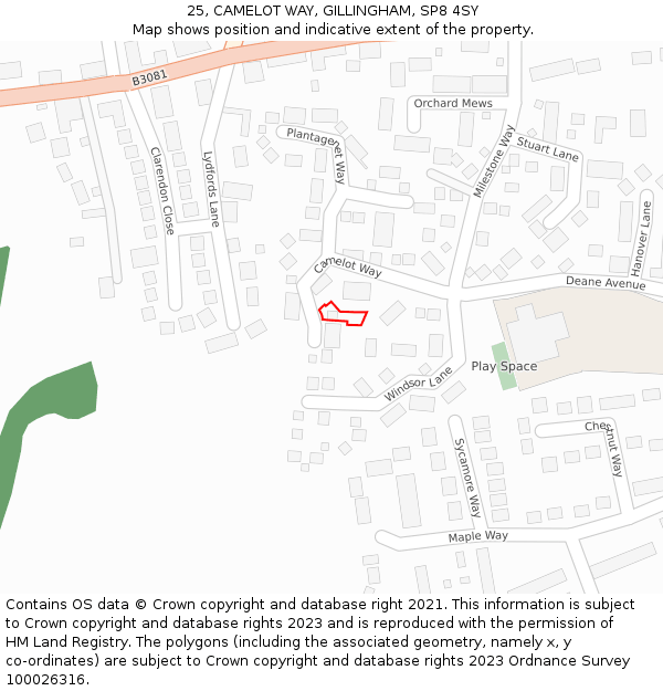 25, CAMELOT WAY, GILLINGHAM, SP8 4SY: Location map and indicative extent of plot