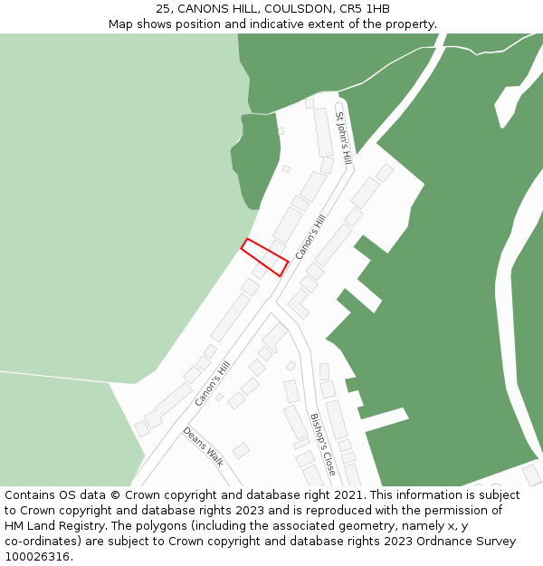 25, CANONS HILL, COULSDON, CR5 1HB: Location map and indicative extent of plot