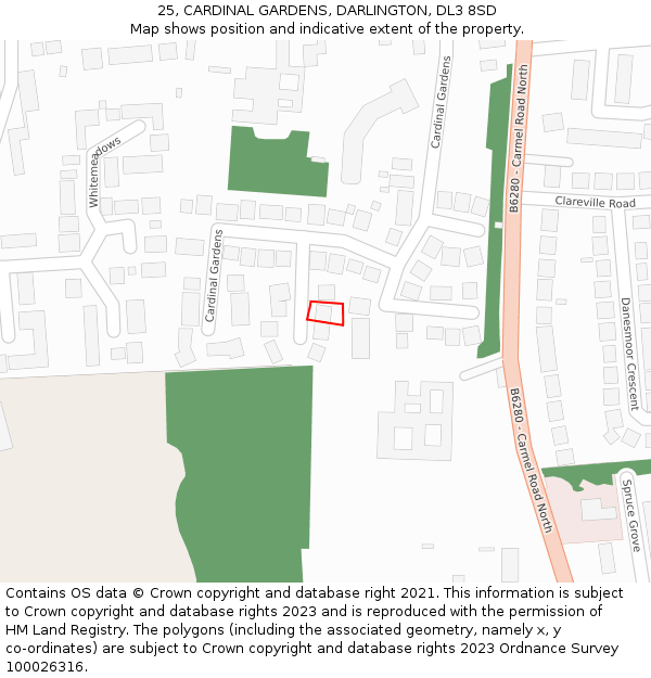 25, CARDINAL GARDENS, DARLINGTON, DL3 8SD: Location map and indicative extent of plot