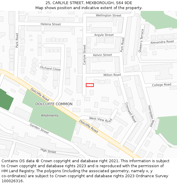 25, CARLYLE STREET, MEXBOROUGH, S64 9DE: Location map and indicative extent of plot