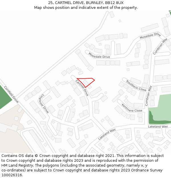 25, CARTMEL DRIVE, BURNLEY, BB12 8UX: Location map and indicative extent of plot