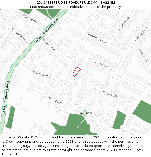 25, CASTERBRIDGE ROAD, FERNDOWN, BH22 8LJ: Location map and indicative extent of plot