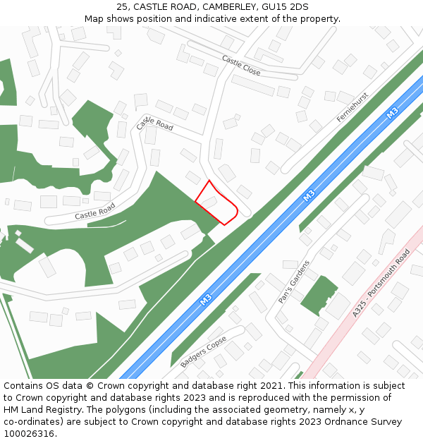 25, CASTLE ROAD, CAMBERLEY, GU15 2DS: Location map and indicative extent of plot