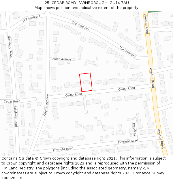 25, CEDAR ROAD, FARNBOROUGH, GU14 7AU: Location map and indicative extent of plot