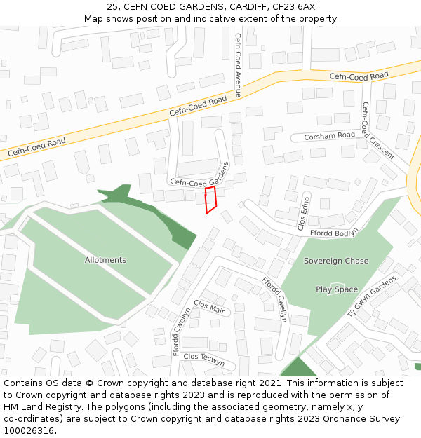 25, CEFN COED GARDENS, CARDIFF, CF23 6AX: Location map and indicative extent of plot