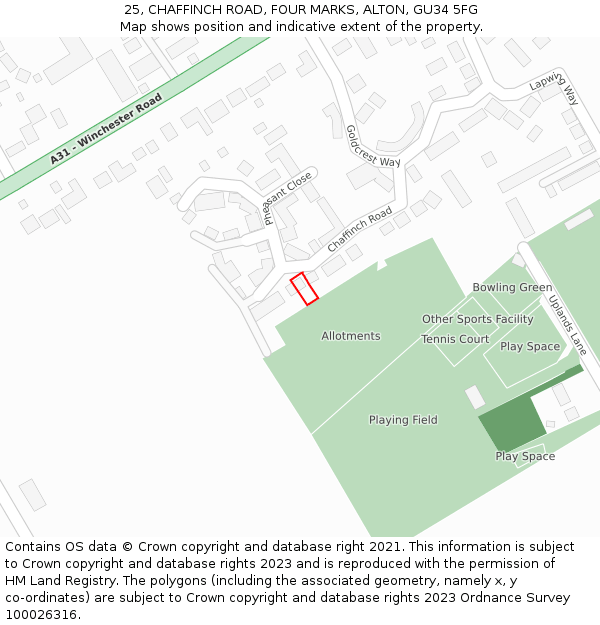 25, CHAFFINCH ROAD, FOUR MARKS, ALTON, GU34 5FG: Location map and indicative extent of plot