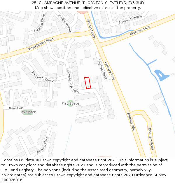 25, CHAMPAGNE AVENUE, THORNTON-CLEVELEYS, FY5 3UD: Location map and indicative extent of plot