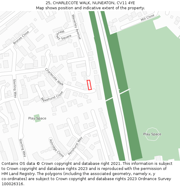 25, CHARLECOTE WALK, NUNEATON, CV11 4YE: Location map and indicative extent of plot