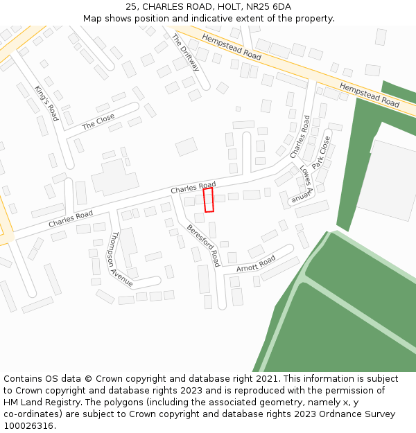 25, CHARLES ROAD, HOLT, NR25 6DA: Location map and indicative extent of plot