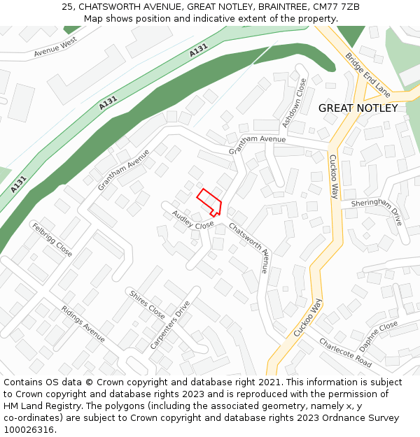 25, CHATSWORTH AVENUE, GREAT NOTLEY, BRAINTREE, CM77 7ZB: Location map and indicative extent of plot