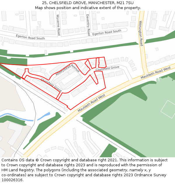 25, CHELSFIELD GROVE, MANCHESTER, M21 7SU: Location map and indicative extent of plot