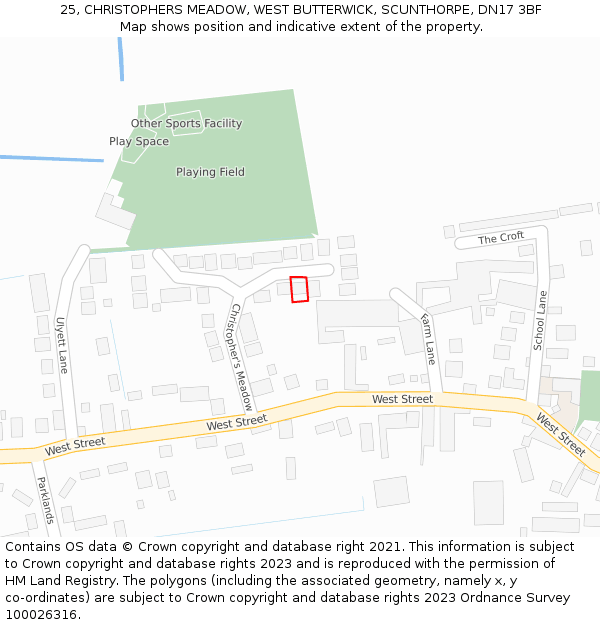 25, CHRISTOPHERS MEADOW, WEST BUTTERWICK, SCUNTHORPE, DN17 3BF: Location map and indicative extent of plot