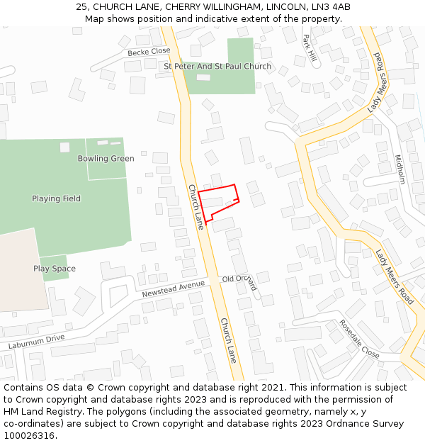 25, CHURCH LANE, CHERRY WILLINGHAM, LINCOLN, LN3 4AB: Location map and indicative extent of plot