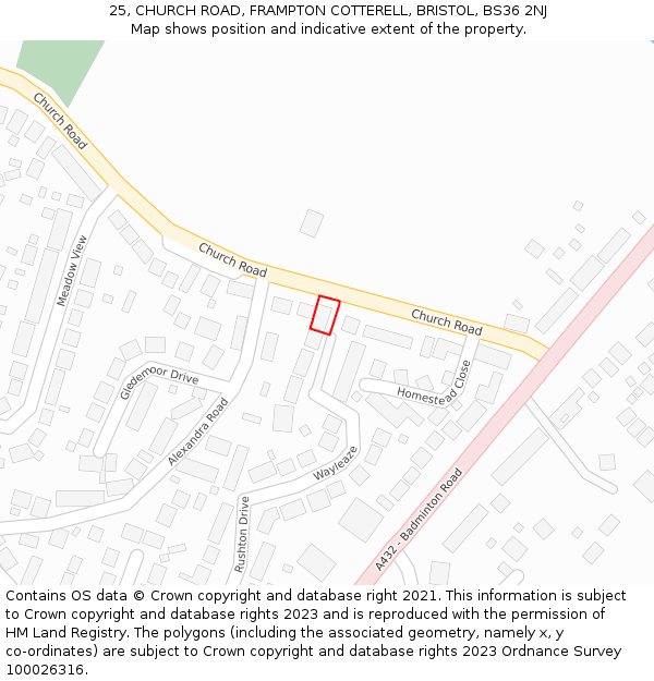 25, CHURCH ROAD, FRAMPTON COTTERELL, BRISTOL, BS36 2NJ: Location map and indicative extent of plot