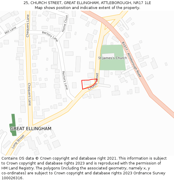 25, CHURCH STREET, GREAT ELLINGHAM, ATTLEBOROUGH, NR17 1LE: Location map and indicative extent of plot