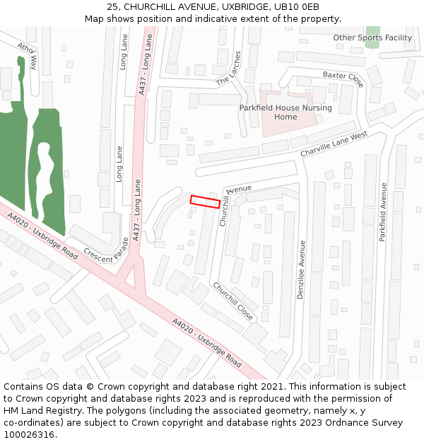 25, CHURCHILL AVENUE, UXBRIDGE, UB10 0EB: Location map and indicative extent of plot