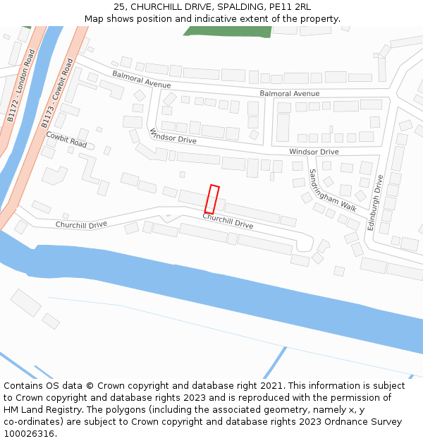 25, CHURCHILL DRIVE, SPALDING, PE11 2RL: Location map and indicative extent of plot