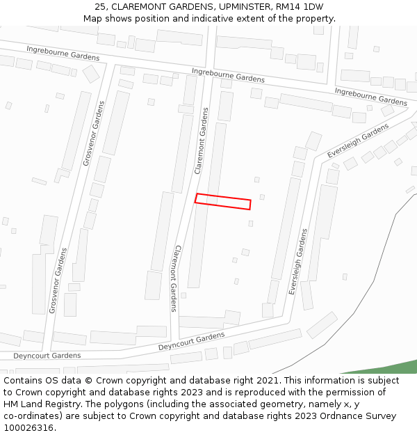 25, CLAREMONT GARDENS, UPMINSTER, RM14 1DW: Location map and indicative extent of plot