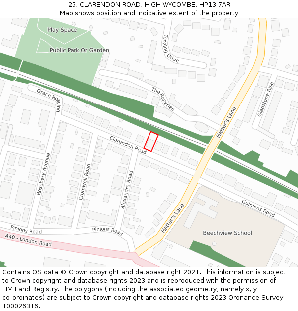 25, CLARENDON ROAD, HIGH WYCOMBE, HP13 7AR: Location map and indicative extent of plot