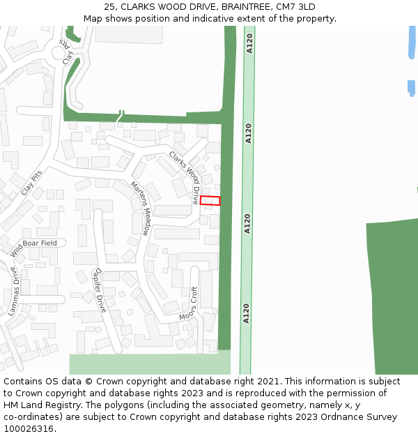 25, CLARKS WOOD DRIVE, BRAINTREE, CM7 3LD: Location map and indicative extent of plot