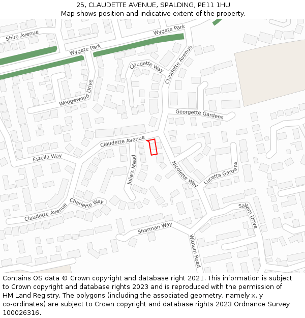 25, CLAUDETTE AVENUE, SPALDING, PE11 1HU: Location map and indicative extent of plot