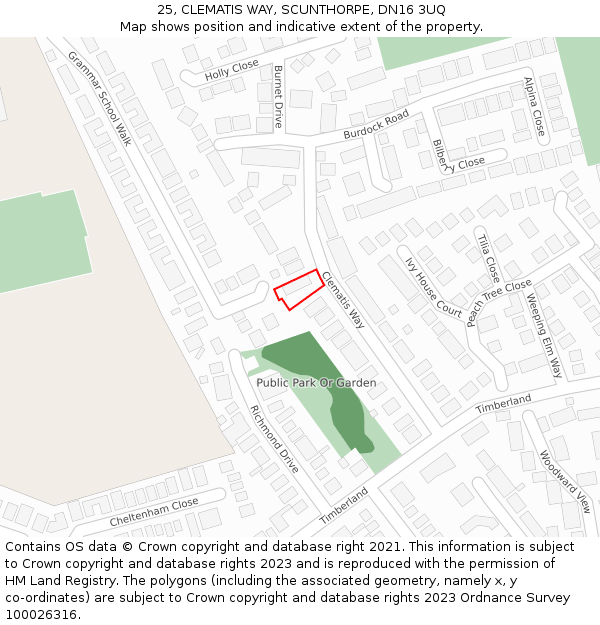 25, CLEMATIS WAY, SCUNTHORPE, DN16 3UQ: Location map and indicative extent of plot