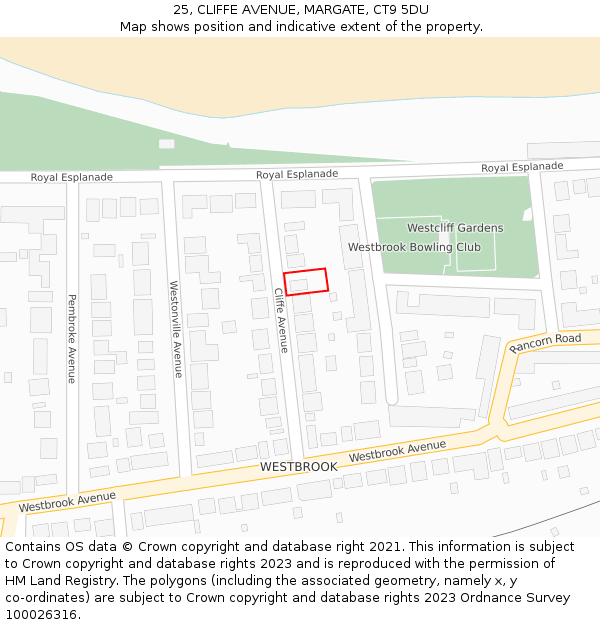 25, CLIFFE AVENUE, MARGATE, CT9 5DU: Location map and indicative extent of plot