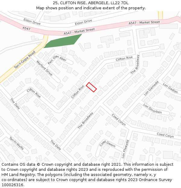25, CLIFTON RISE, ABERGELE, LL22 7DL: Location map and indicative extent of plot