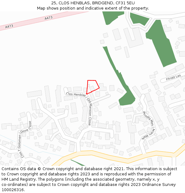 25, CLOS HENBLAS, BRIDGEND, CF31 5EU: Location map and indicative extent of plot