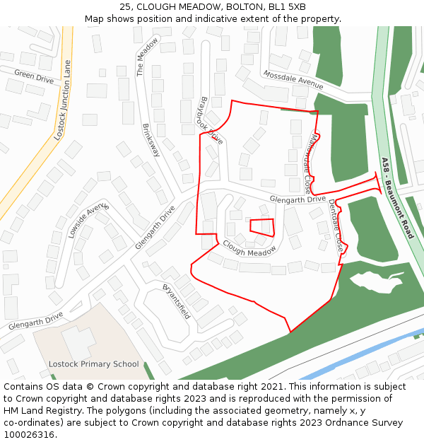 25, CLOUGH MEADOW, BOLTON, BL1 5XB: Location map and indicative extent of plot