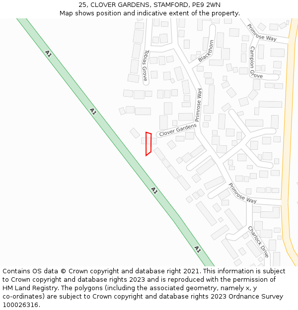 25, CLOVER GARDENS, STAMFORD, PE9 2WN: Location map and indicative extent of plot