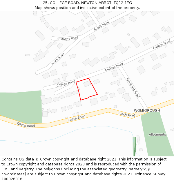 25, COLLEGE ROAD, NEWTON ABBOT, TQ12 1EG: Location map and indicative extent of plot
