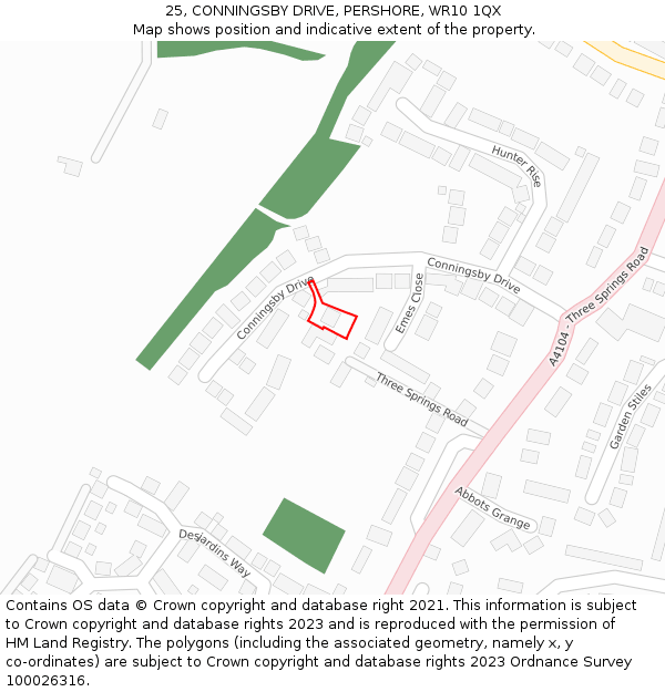 25, CONNINGSBY DRIVE, PERSHORE, WR10 1QX: Location map and indicative extent of plot