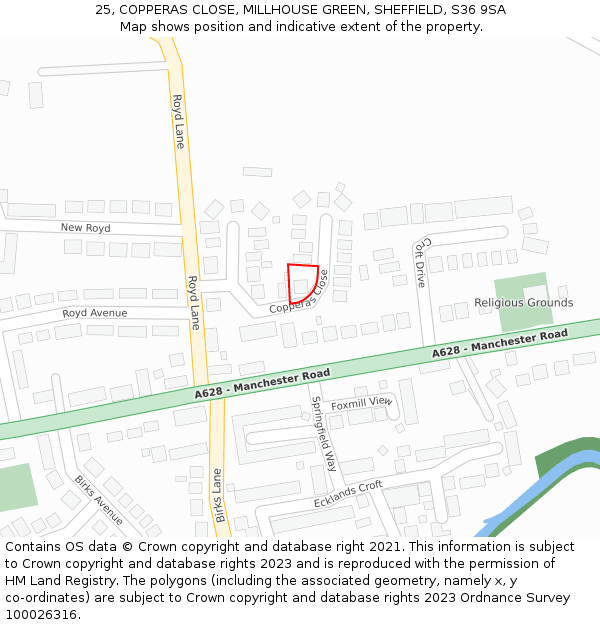 25, COPPERAS CLOSE, MILLHOUSE GREEN, SHEFFIELD, S36 9SA: Location map and indicative extent of plot