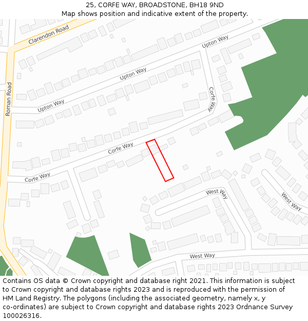 25, CORFE WAY, BROADSTONE, BH18 9ND: Location map and indicative extent of plot