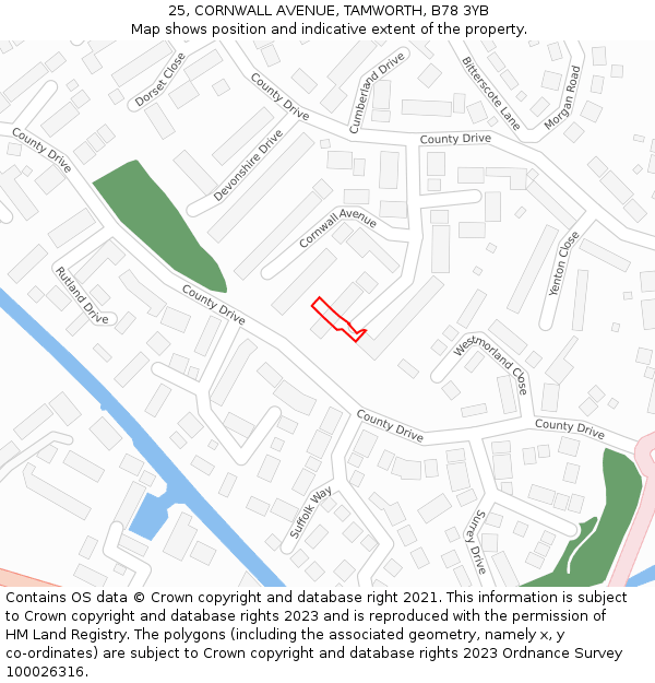 25, CORNWALL AVENUE, TAMWORTH, B78 3YB: Location map and indicative extent of plot