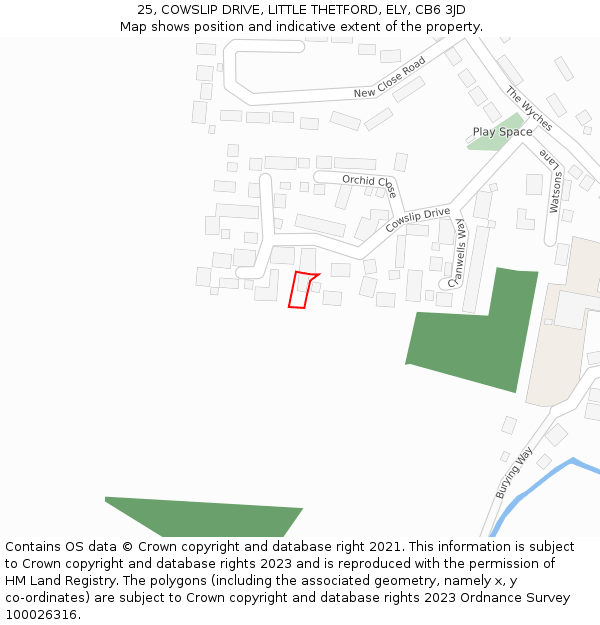 25, COWSLIP DRIVE, LITTLE THETFORD, ELY, CB6 3JD: Location map and indicative extent of plot