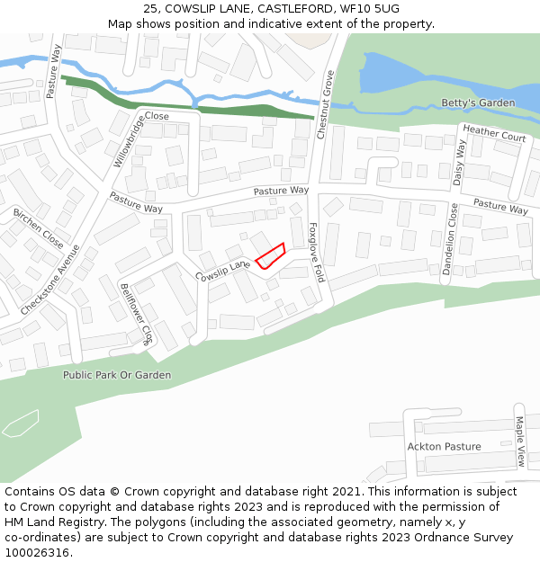 25, COWSLIP LANE, CASTLEFORD, WF10 5UG: Location map and indicative extent of plot