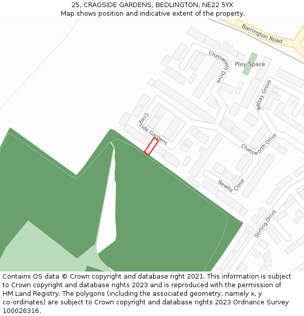 25, CRAGSIDE GARDENS, BEDLINGTON, NE22 5YX: Location map and indicative extent of plot