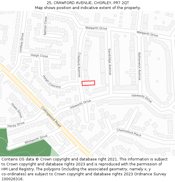 25, CRAWFORD AVENUE, CHORLEY, PR7 2QT: Location map and indicative extent of plot