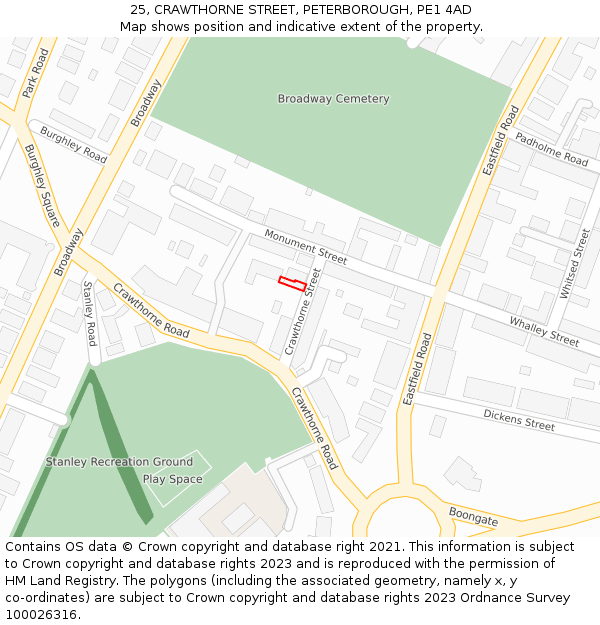 25, CRAWTHORNE STREET, PETERBOROUGH, PE1 4AD: Location map and indicative extent of plot