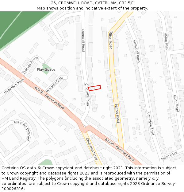 25, CROMWELL ROAD, CATERHAM, CR3 5JE: Location map and indicative extent of plot