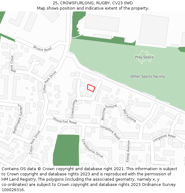 25, CROWSFURLONG, RUGBY, CV23 0WD: Location map and indicative extent of plot