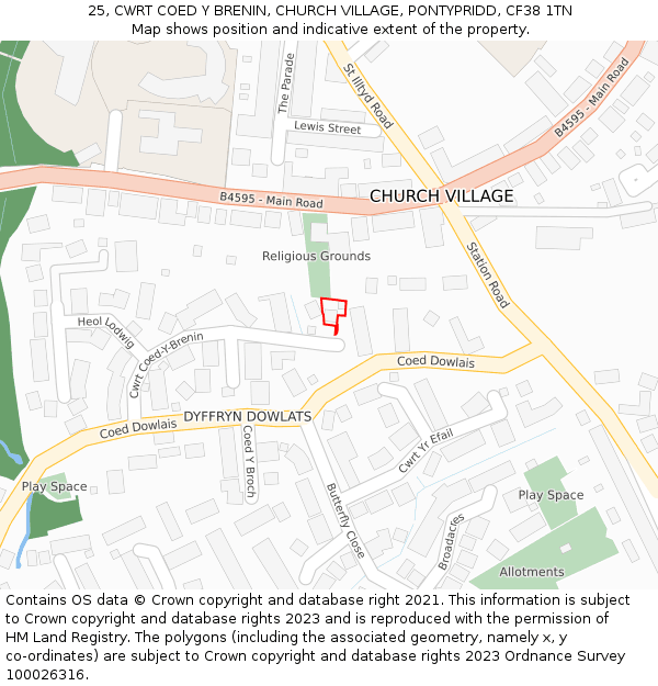 25, CWRT COED Y BRENIN, CHURCH VILLAGE, PONTYPRIDD, CF38 1TN: Location map and indicative extent of plot