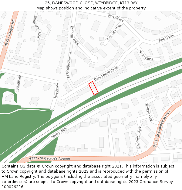 25, DANESWOOD CLOSE, WEYBRIDGE, KT13 9AY: Location map and indicative extent of plot
