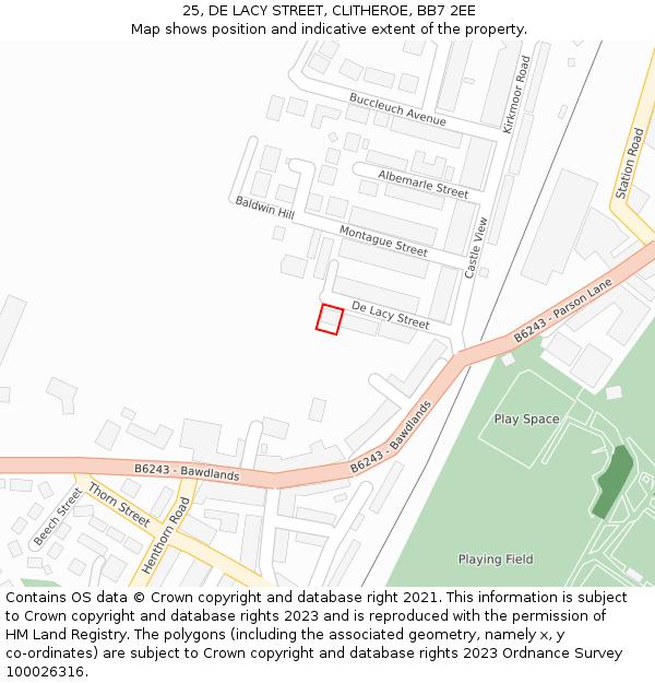 25, DE LACY STREET, CLITHEROE, BB7 2EE: Location map and indicative extent of plot