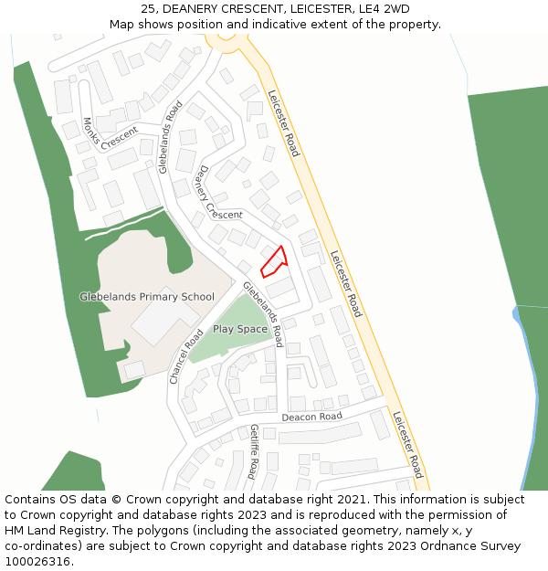 25, DEANERY CRESCENT, LEICESTER, LE4 2WD: Location map and indicative extent of plot