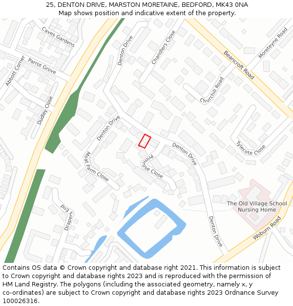 25, DENTON DRIVE, MARSTON MORETAINE, BEDFORD, MK43 0NA: Location map and indicative extent of plot