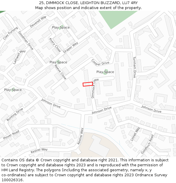 25, DIMMOCK CLOSE, LEIGHTON BUZZARD, LU7 4RY: Location map and indicative extent of plot