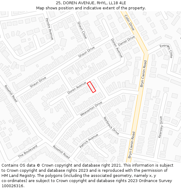 25, DOREN AVENUE, RHYL, LL18 4LE: Location map and indicative extent of plot